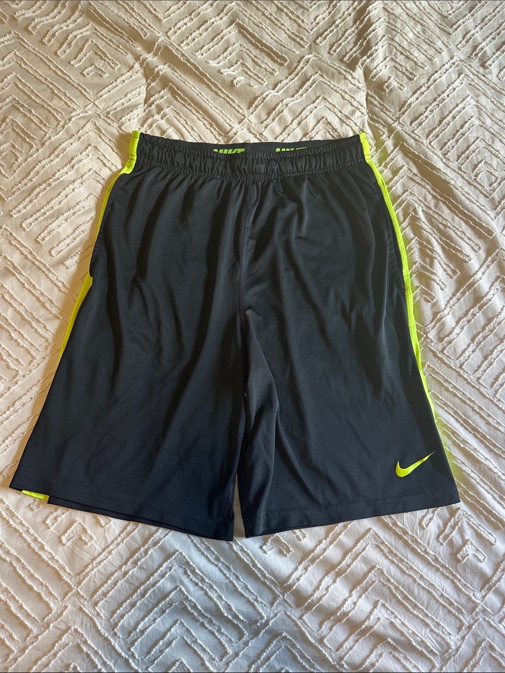 Nike Men's Black Athletic Shorts with Neon Yellow Trim